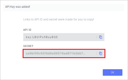 Captura de tela de uma janela informando aos usuários que a chave A P I foi adicionada. A caixa Secret contém um valor indecifrável e é realçada.