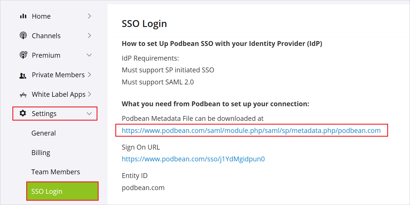captura de ecrã para transferir o ficheiro de metadados SSO do Podbean
