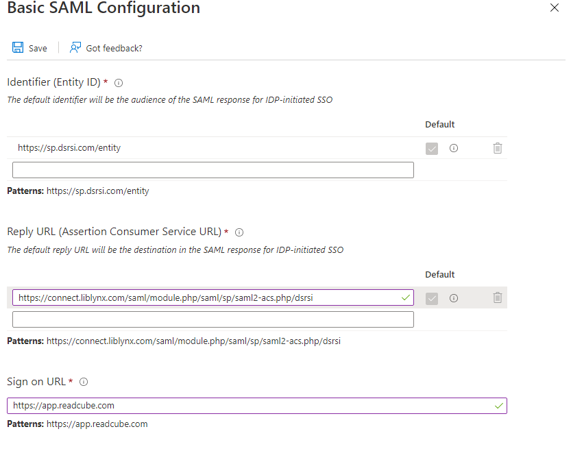 Captura de tela que mostra exemplos de configurações no painel Configuração do SAML.