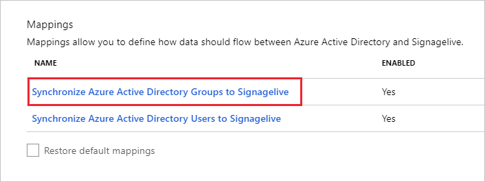 Captura de tela da seção Mapeamentos com a opção Sincronizar grupo do Microsoft Entra com Signagelive destacada.