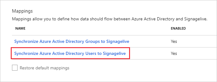 Captura de tela da seção Mapeamentos com a opção Sincronizar usuários do Microsoft Entra com o Signagelive destacada.