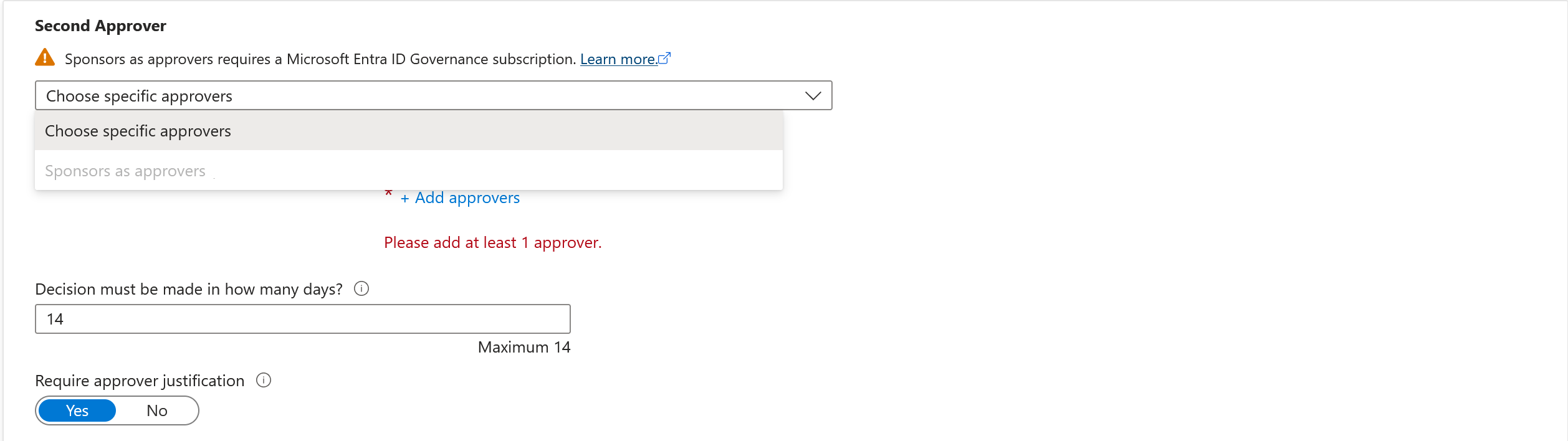 Captura de tela que mostra opções para um segundo aprovador se a política estiver definida para usuários em seu diretório.