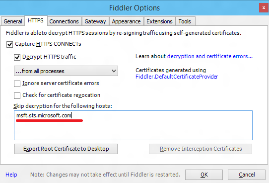 Screenshot of Fiddler Options, showing how to configure HTTPS decryption