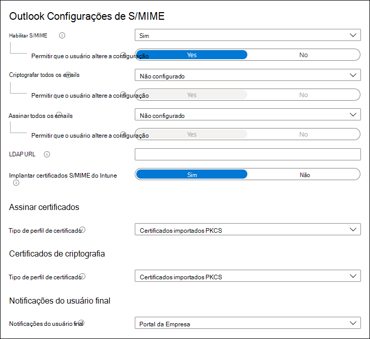 Captura de tela mostrando as configurações do Outlook S/MIME.