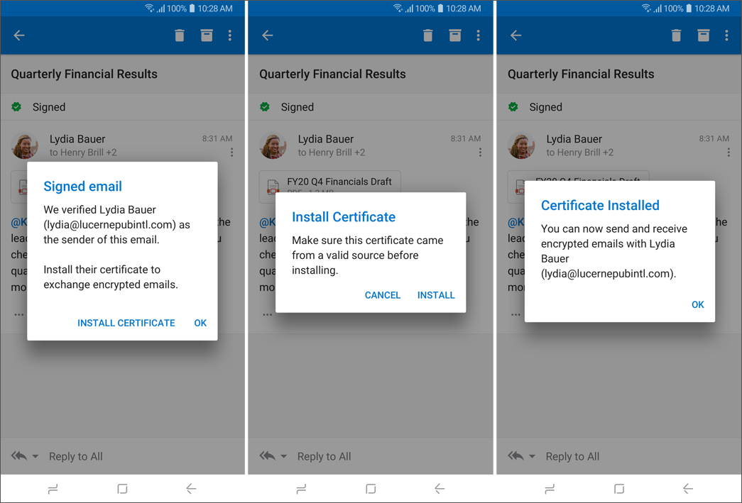 Capturas de tela da instalação de chave pública do Outlook para Android.