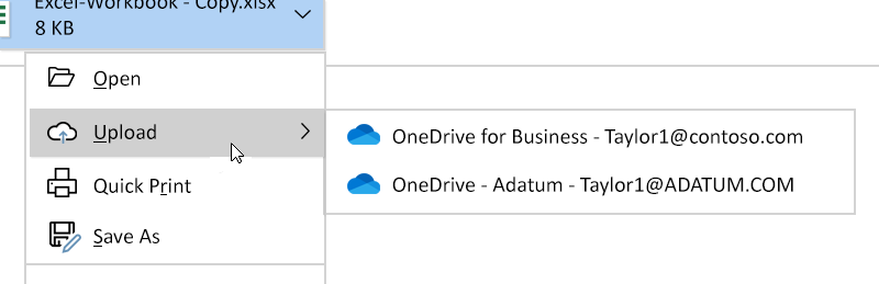 Captura de ecrã de duas contas do OneDrive no menu Carregar.