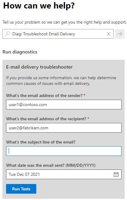 Captura de ecrã de um diagnóstico automatizado chamado solucionador de problemas de entrega de email.