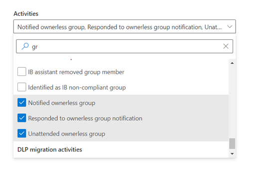 Captura de ecrã da janela Atividades na qual está selecionada a opção Grupo sem proprietário automática.