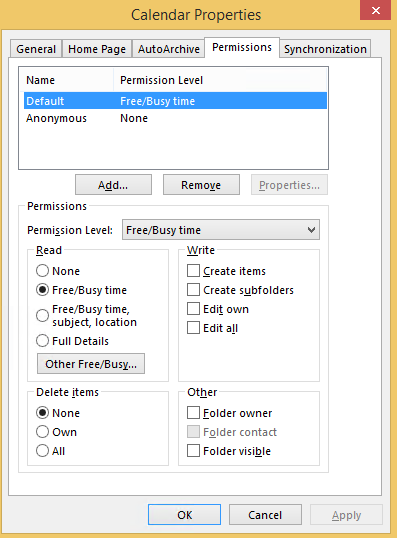 Captura de ecrã a mostrar a alteração do nível de permissão predefinido para Tempo de Livre/Ocupado.
