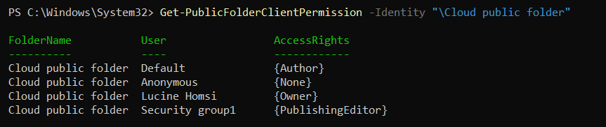 Captura de ecrã a mostrar a saída do cmdlet Get-PublicFolderClientPermission.