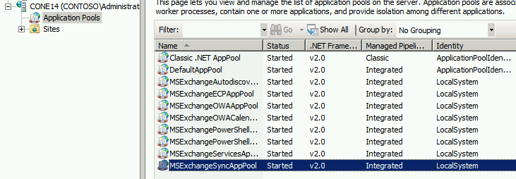 Captura de ecrã a mostrar que o estado de MSExchangeSyncAppPool foi Iniciado na janela Conjuntos Aplicacionais.