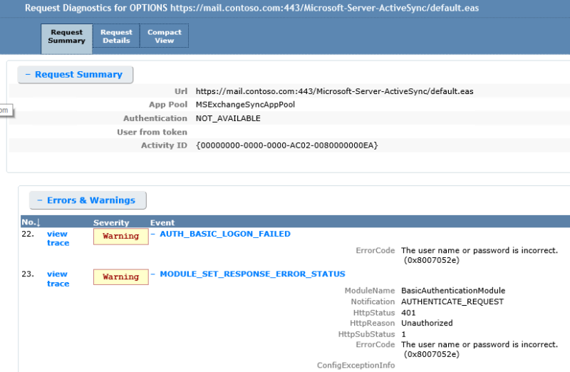 Captura de ecrã dos registos de rastreio de pedidos falhados.
