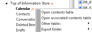 Captura de ecrã a mostrar a opção Abrir tabela de conteúdos do Calender.
