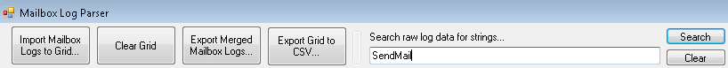 Captura de ecrã a mostrar para introduzir SendMail na secção Procurar dados de registo não processados para cadeias de carateres e selecionar a opção Procurar.