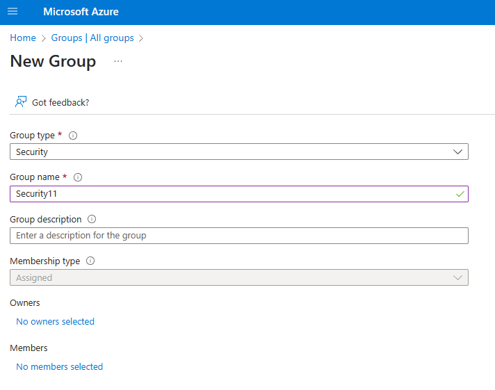 Captura de ecrã da nova caixa de diálogo de criação de grupo no portal do Azure.