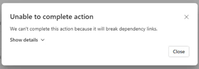 Captura de tela do erro de dependência. A interface do usuário diz que não é possível concluir a ação.