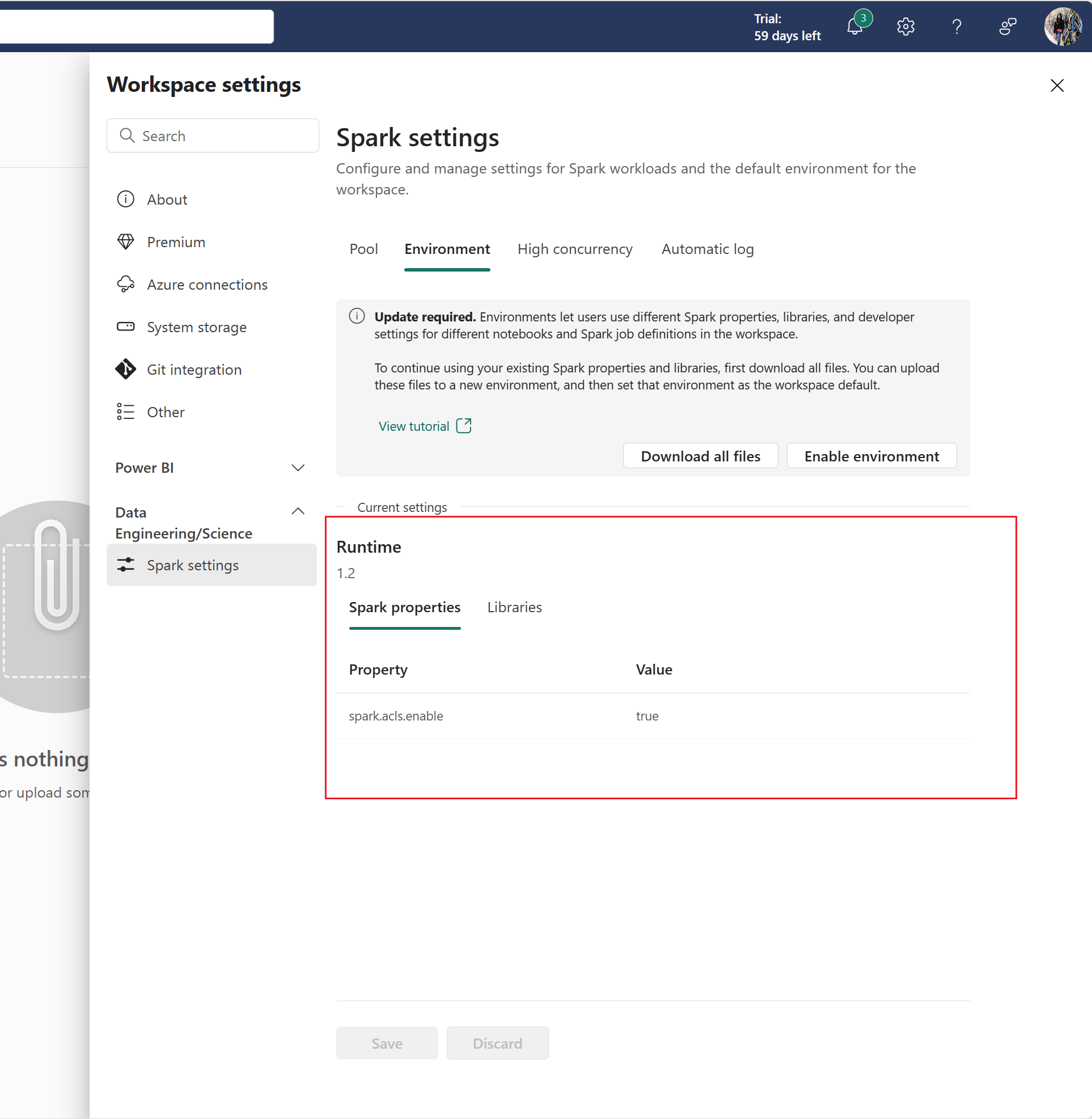 Captura de ecrã a mostrar onde encontrar as definições de configuração em Definições atuais no separador Ambiente.