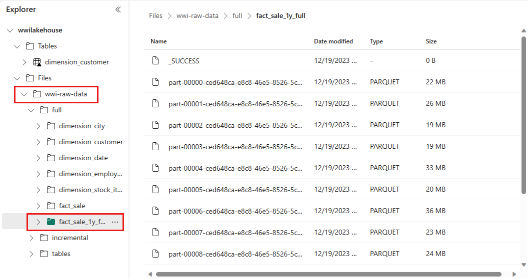 Captura de tela mostrando que os dados de origem são copiados para o Lakehouse Explorer.