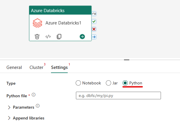 Screenshot showing the Python type of the Azure Databricks activity.