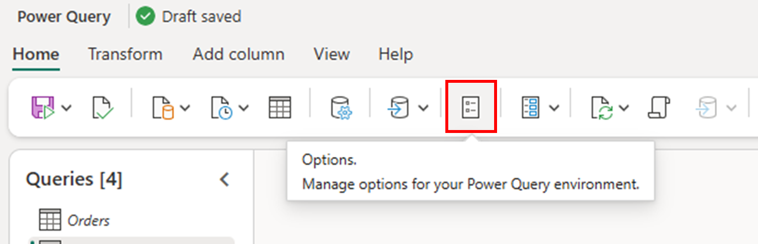 Captura de ecrã do botão de Opções na guia Base do ribbon do Editor do Power Query.