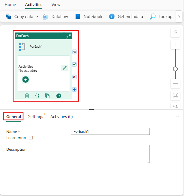 Captura de tela mostrando a guia Configurações gerais da atividade ForEach.