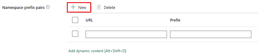 Captura de ecrã mostrando pares de prefixos de namespace.