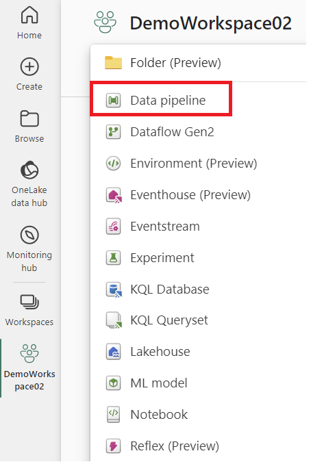 Captura de tela mostrando como criar um novo pipeline de dados.