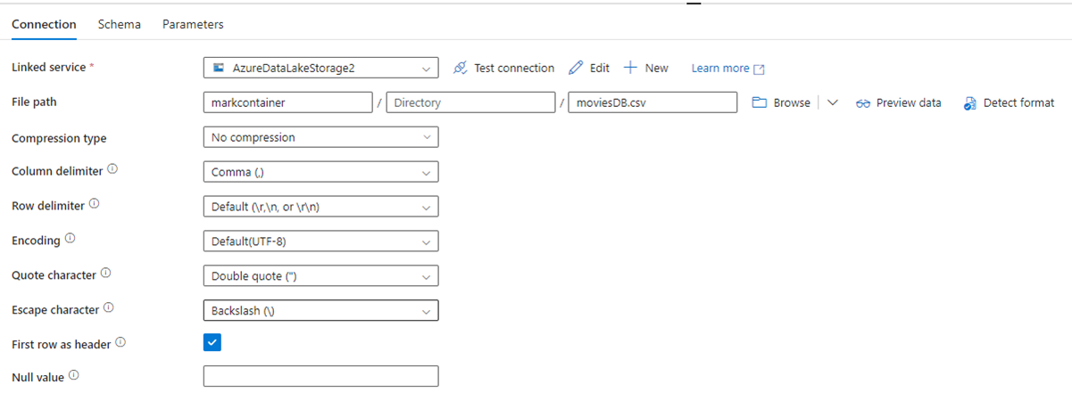 Captura de ecrã da página de configuração do conjunto de dados ADF.