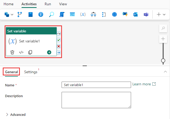 Captura de ecrã que mostra o separador de Definições Gerais da atividade Set Variable.