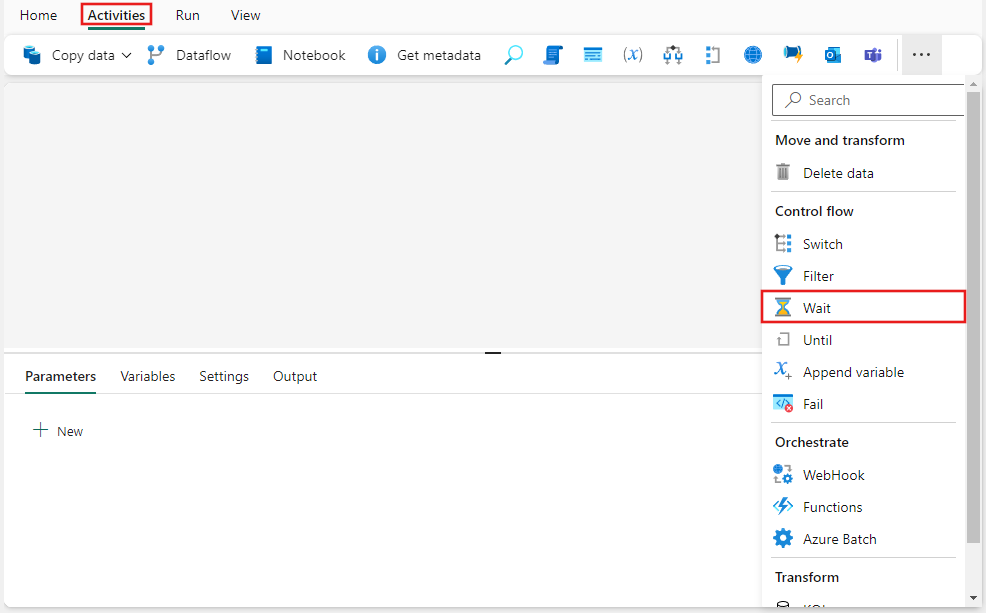 Captura de tela da interface do usuário do Fabric com o painel Atividades e a atividade Esperar realçados.