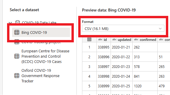 Captura de tela mostrando diferentes opções de conjunto de dados para a amostra de COVID-19, formatos de arquivo e uma grade mostrando uma visualização dos dados.