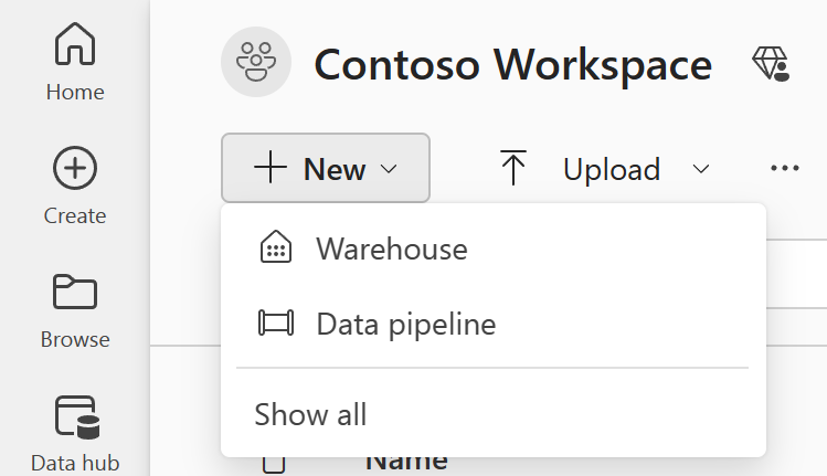 Captura de tela da seção superior do espaço de trabalho do usuário mostrando o botão Novo e com as opções Depósito, Pipeline de dados e Mostrar tudo.