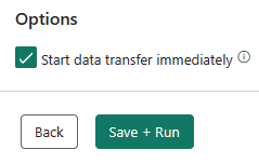 Captura de tela mostrando a opção para iniciar a operação de transferência de dados imediatamente e os botões Voltar e Salvar + Executar.