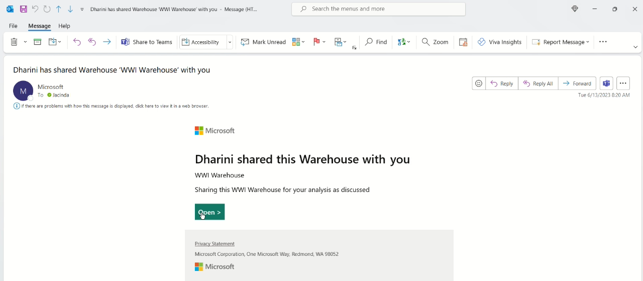 Captura de tela mostrando a notificação por e-mail do usuário compartilhado de um depósito compartilhado.