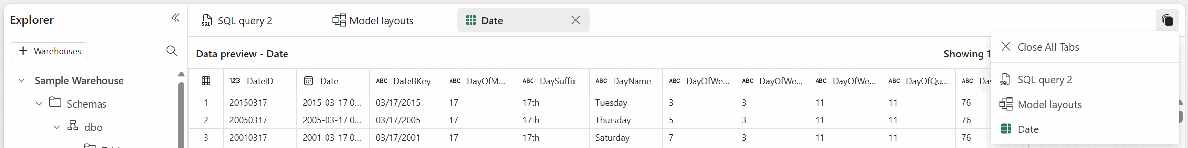 Captura de ecrã a mostrar onde mostrar os separadores para pré-visualização, consulta e modelação de dados.
