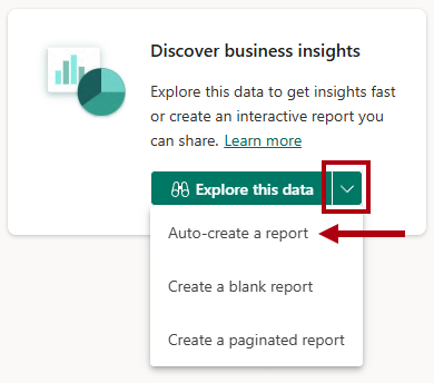 Captura de tela da seção Descobrir insights de negócios, destacando a opção Criar automaticamente um relatório.