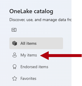 Captura de tela da página inicial do catálogo OneLake, destacando a opção de filtro Meus itens.