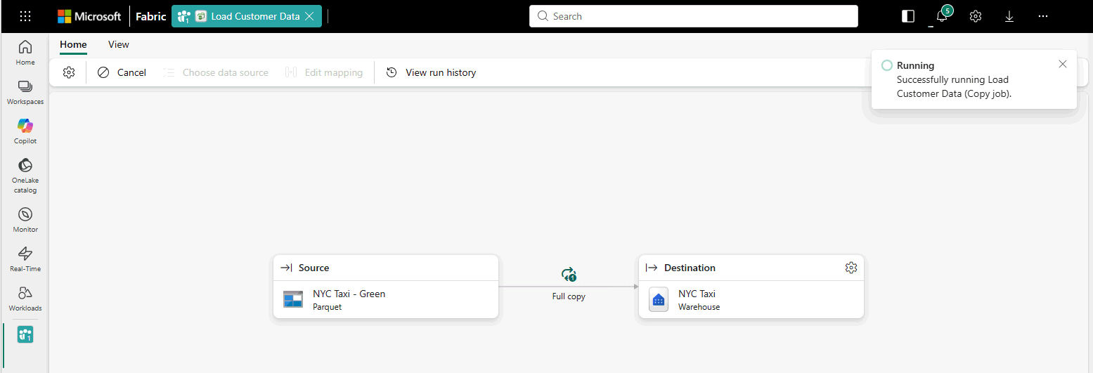 Captura de ecrã do portal Fabric mostrando a nova tela de design do trabalho 