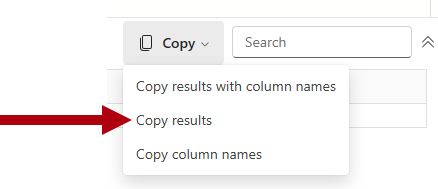 Captura de ecrã do comando Copiar, realçando os resultados da Consulta de Cópia.