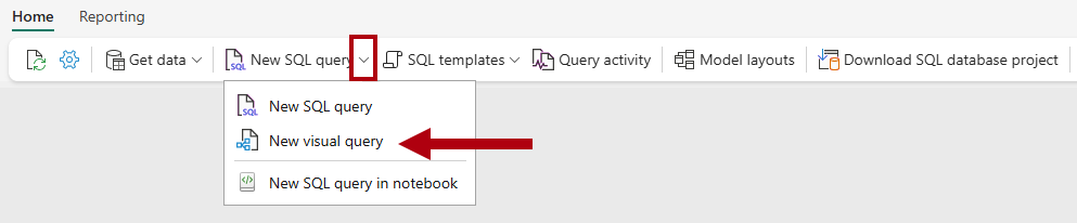 Captura de ecrã do friso Início, realçando a opção Nova consulta visual.
