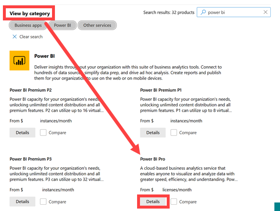 Captura de ecrã das opções Power BI para serviços de compra.