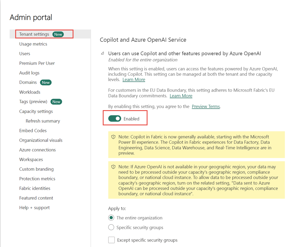Captura de ecrã do portal de administração Fabric com o alternador de definição de Copilot tenant destacado.
