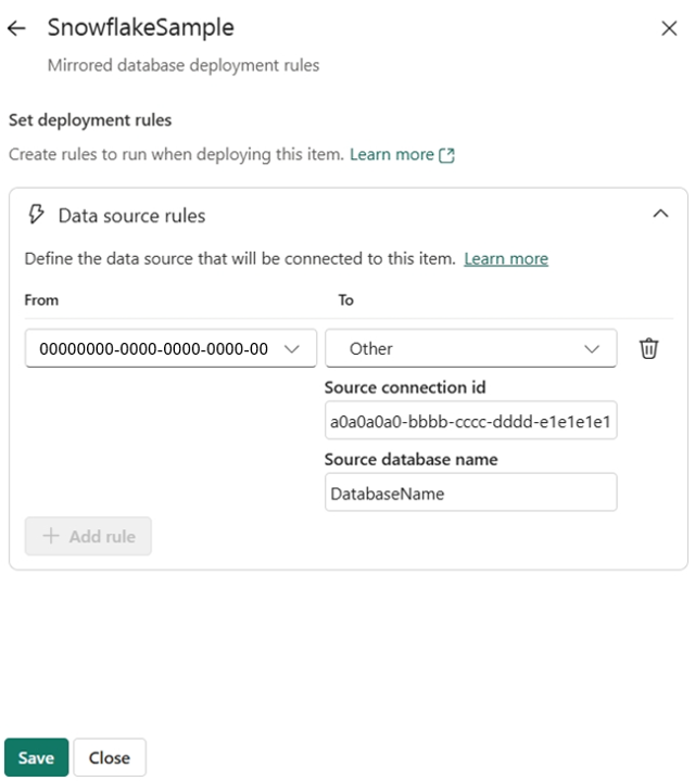 Captura de tela da configuração de uma regra de fonte de dados para sua conexão de banco de dados de origem.