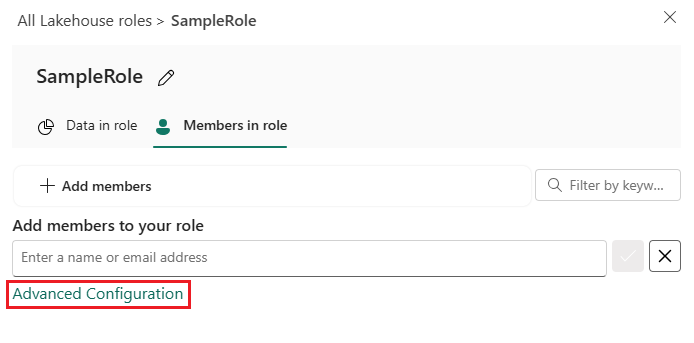 Captura de tela que mostra a seleção de 'configuração avançada' para adicionar membros usando grupos de permissão.