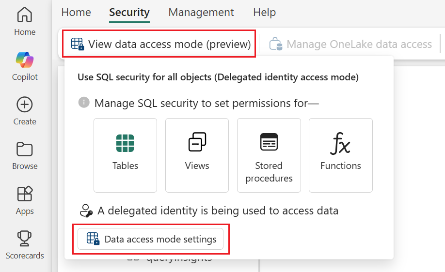 Captura de ecrã que mostra como navegar até às definições do modo de acesso a dados para um endpoint de análise SQL.