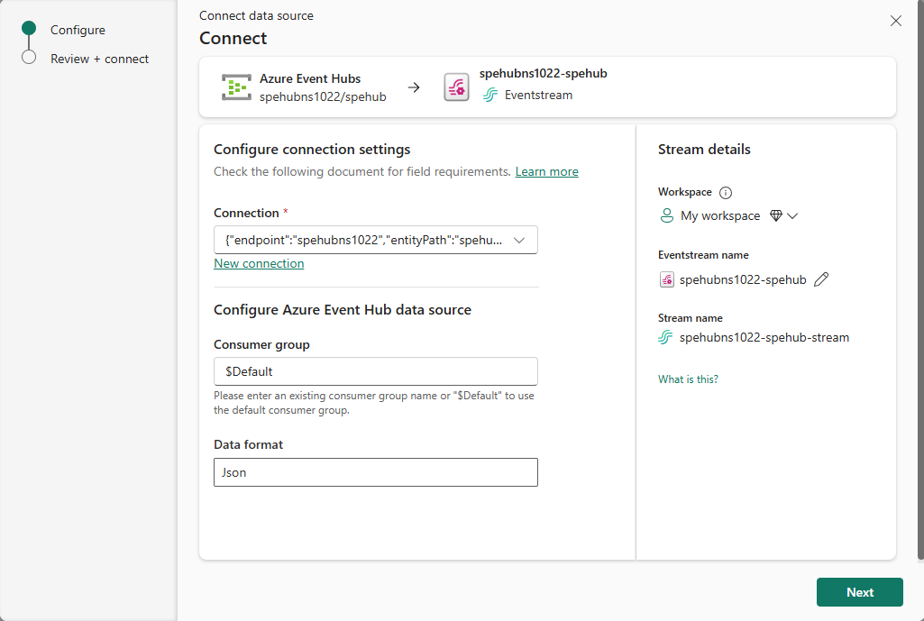 Captura de tela que mostra a página dois do Connect para o conector de Hubs de Eventos do Azure.