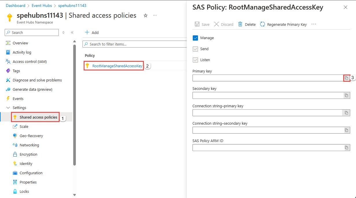 Captura de tela que mostra a chave de acesso para um namespace de Hubs de Eventos do Azure.