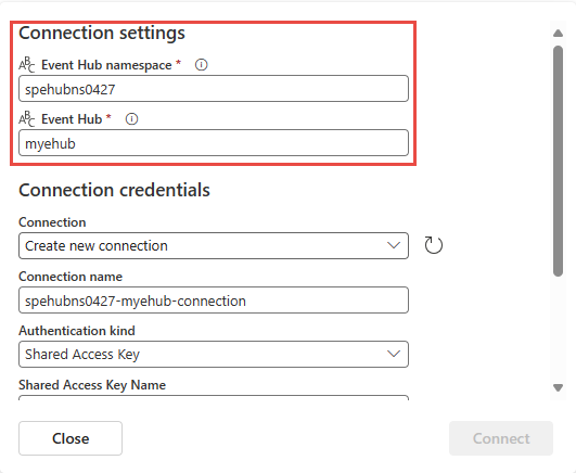 Captura de tela que mostra as configurações de conexão com o namespace Hubs de Eventos e o hub de eventos especificado.