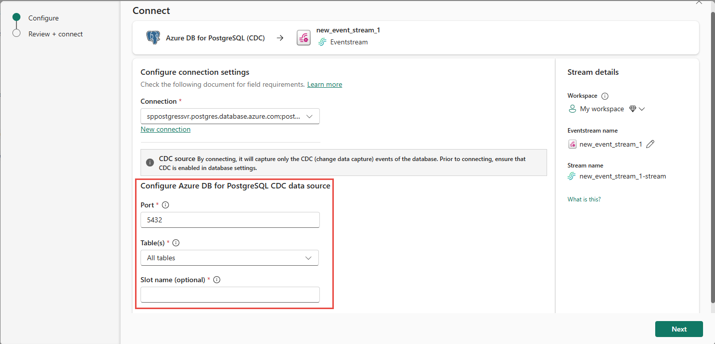 Captura de tela que mostra a página Connect preenchida para o conector de banco de dados PostgreSQL do Azure.