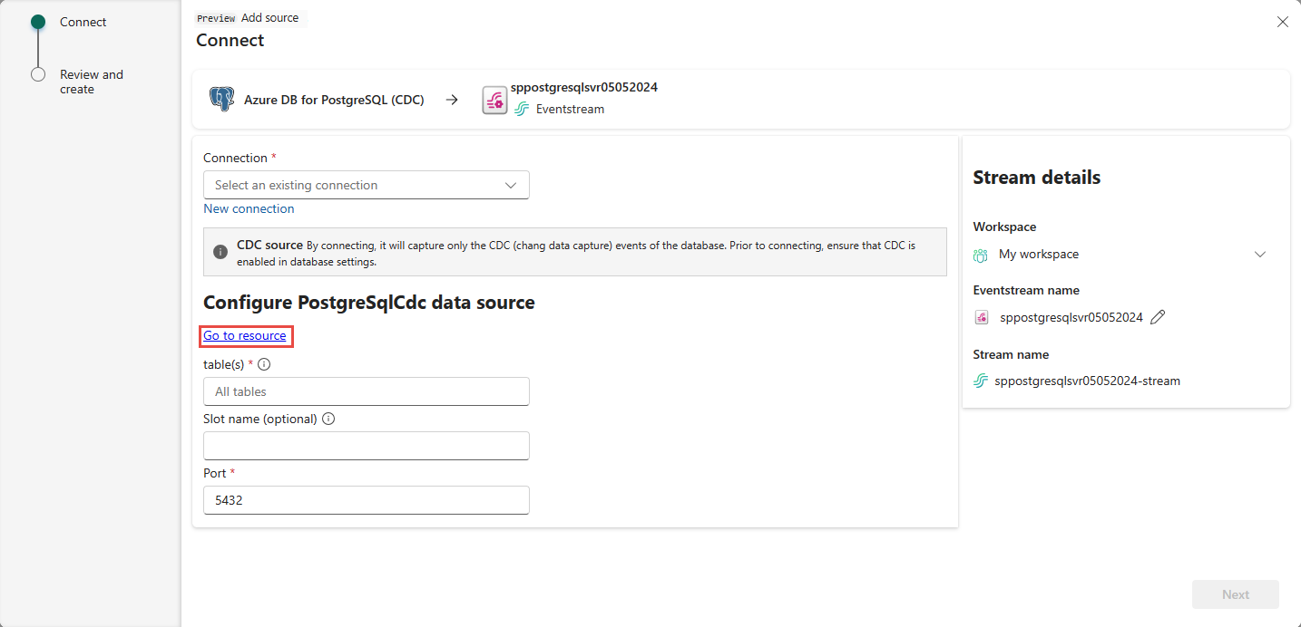 Captura de tela que mostra a página Conectar com o link Ir para o recurso realçado.